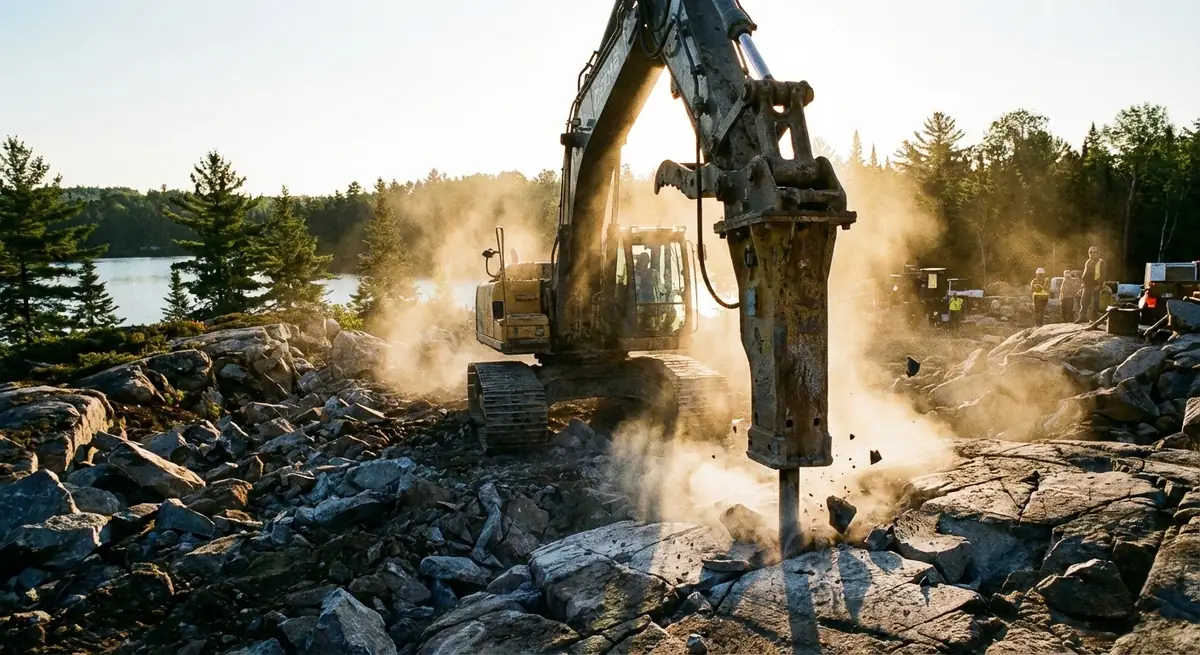 Heavy excavation equipment stripping topsoil on a commercial development site in Barrie Ontario — Simcoe County excavation contractor